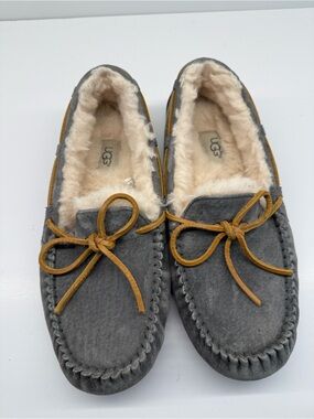 UGG Charcoal Suede Moccasin Slippers with Shearling Trim